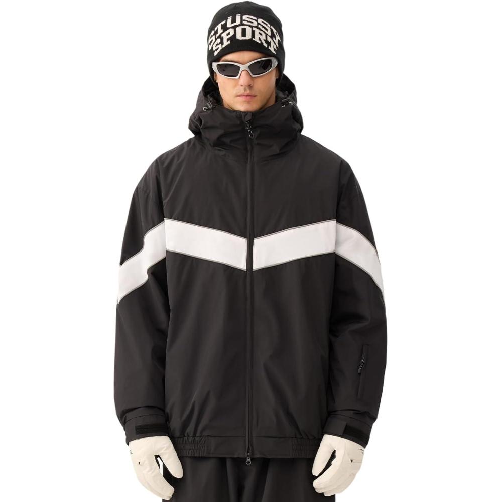 image:imageGSOU SNOW Men Snowboard Jacket Ski Baggy Women Snow Coat Waterproof Winter Sport Hooded Reflective StripBlack