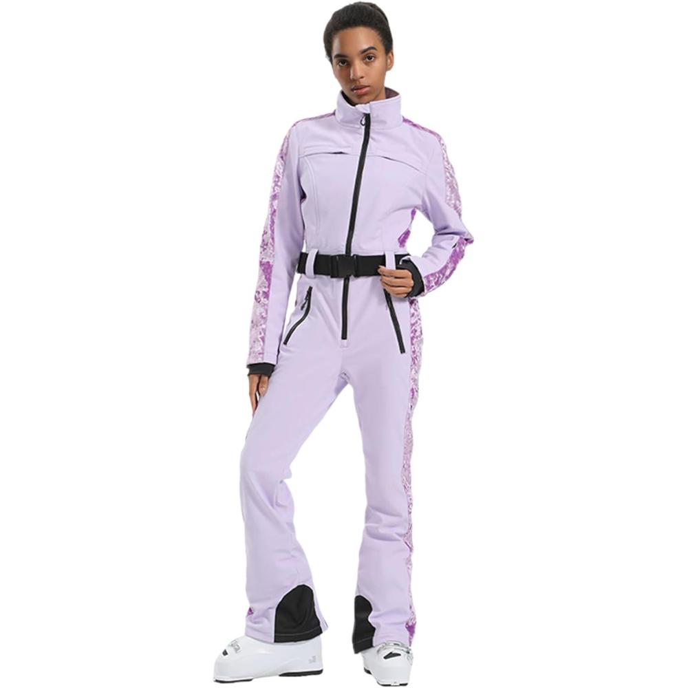 image:imageGSOU SNOW Ski Suit Women Snowsuit Slim One Piece Jumpsuit Snow Jackets Waterproof Winter Windproof Outdoor Sports WarmPurple 1