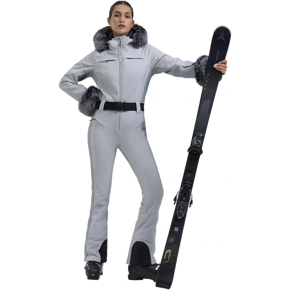 image:imageGSOU SNOW Ski Suit Womens One Piece Snowsuit Snowboard Jacket Slim Snow Jumpsuit Faux Fur Ski Outfit Waterproof WindproofGrey