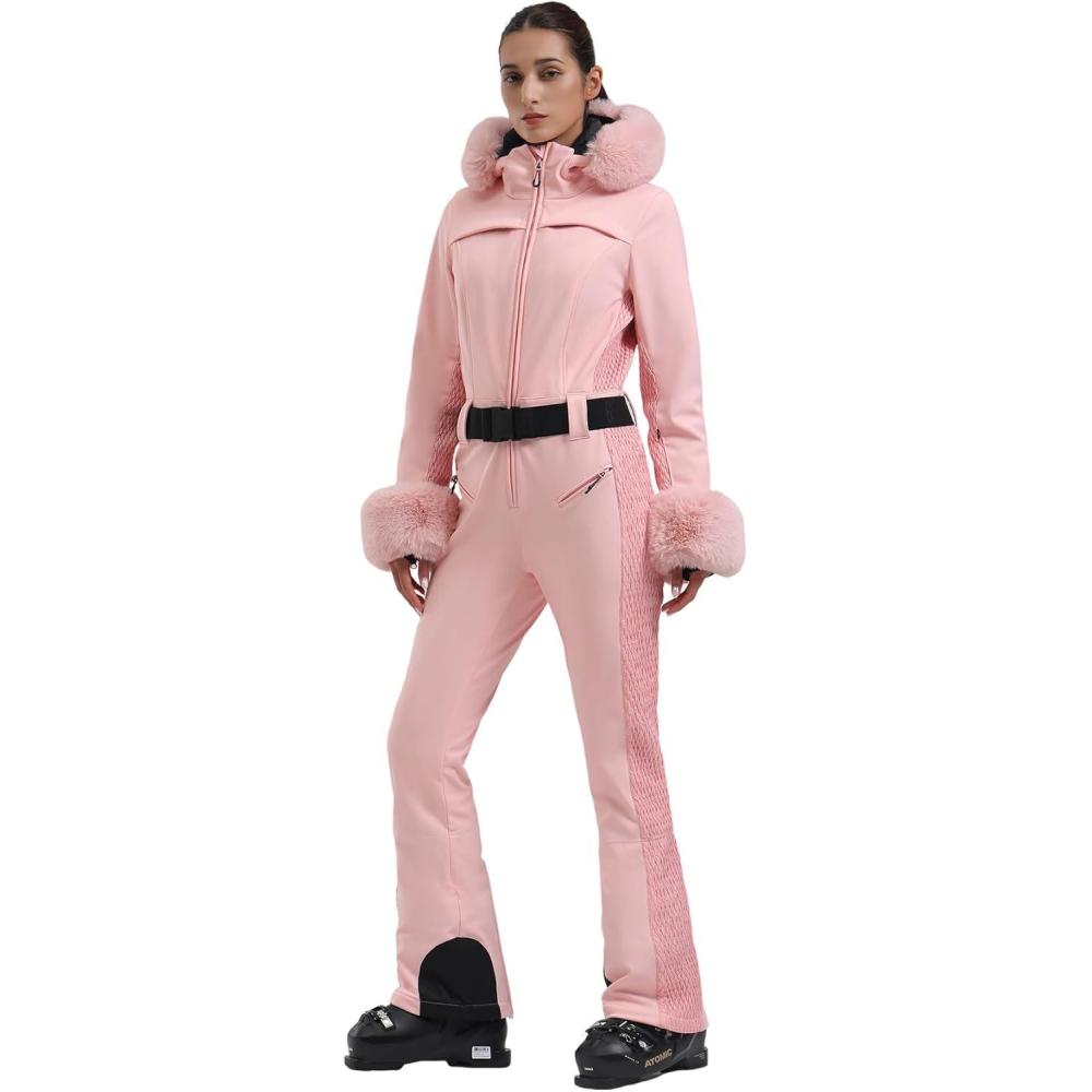 image:imageGSOU SNOW Ski Suit Womens One Piece Snowsuit Snowboard Jacket Slim Snow Jumpsuit Faux Fur Ski Outfit Waterproof WindproofPink