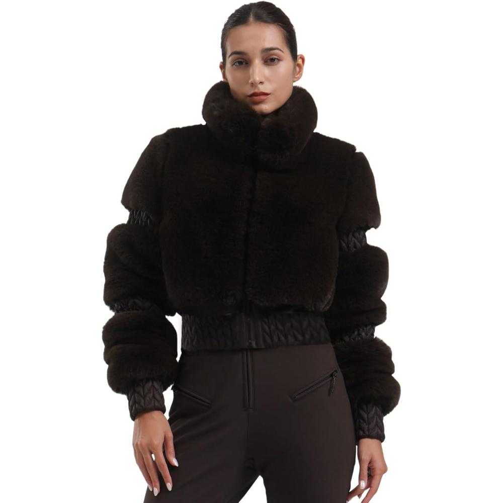 image:imageGSOU SNOW Women Ski Jacket Faux Fur Snowboard Coat Snow Cropped Jacket Winter Outdoor WarmCoffee