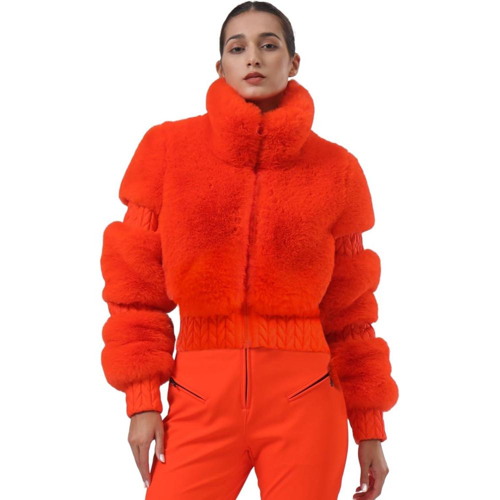 image:imageGSOU SNOW Women Ski Jacket Faux Fur Snowboard Coat Snow Cropped Jacket Winter Outdoor WarmOrange