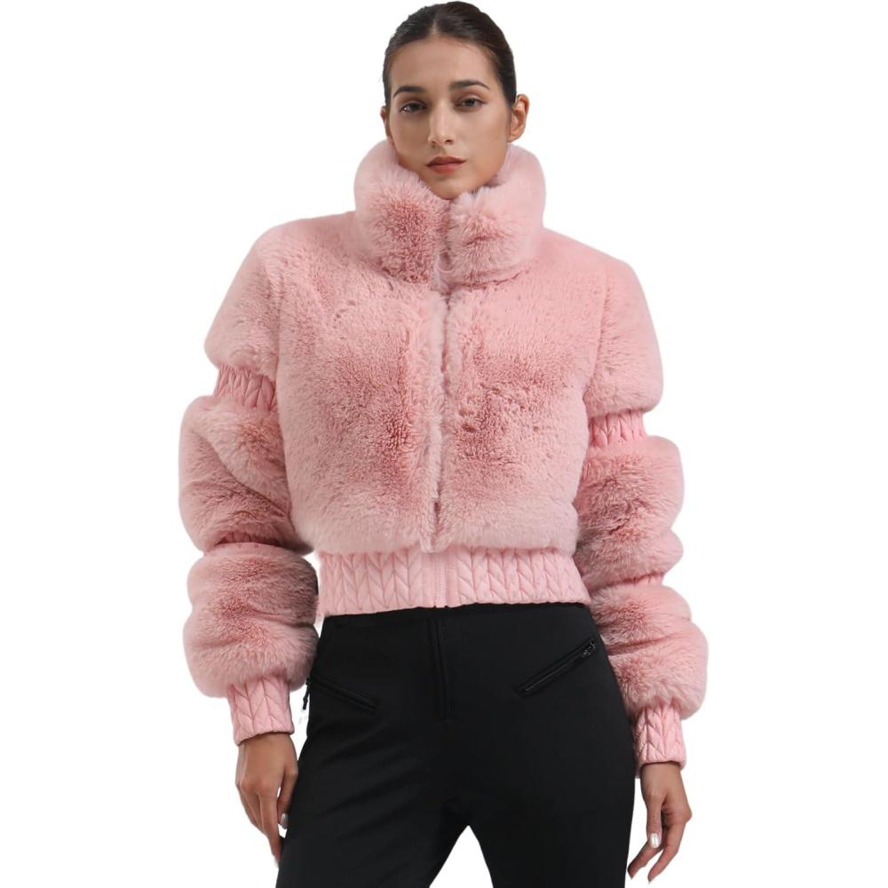 image:imageGSOU SNOW Women Ski Jacket Faux Fur Snowboard Coat Snow Cropped Jacket Winter Outdoor WarmPink