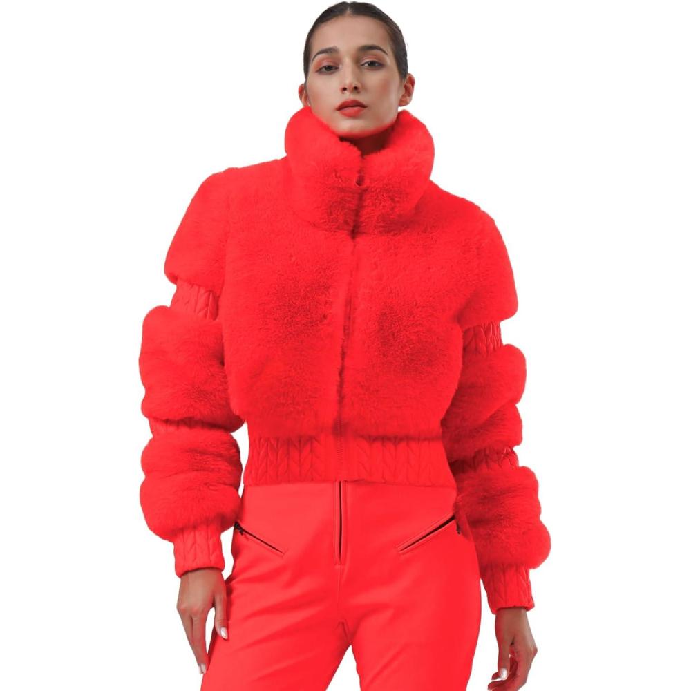 image:imageGSOU SNOW Women Ski Jacket Faux Fur Snowboard Coat Snow Cropped Jacket Winter Outdoor WarmRed