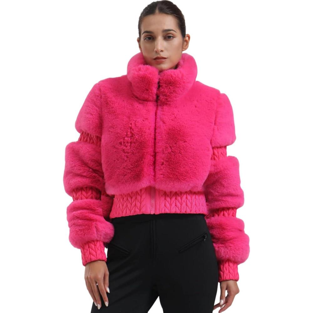 image:imageGSOU SNOW Women Ski Jacket Faux Fur Snowboard Coat Snow Cropped Jacket Winter Outdoor WarmRose