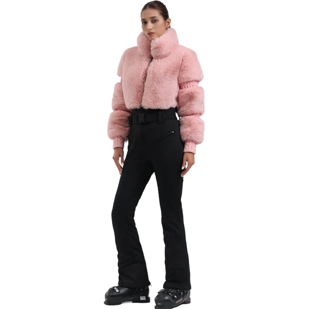 image:imageGSOU SNOW Women Ski Suit One Piece Snowsuit Snowboard Faux Fur Collar Slim Jumpsuit Jacket Insulated Windproof Outdoor WinterPink Color