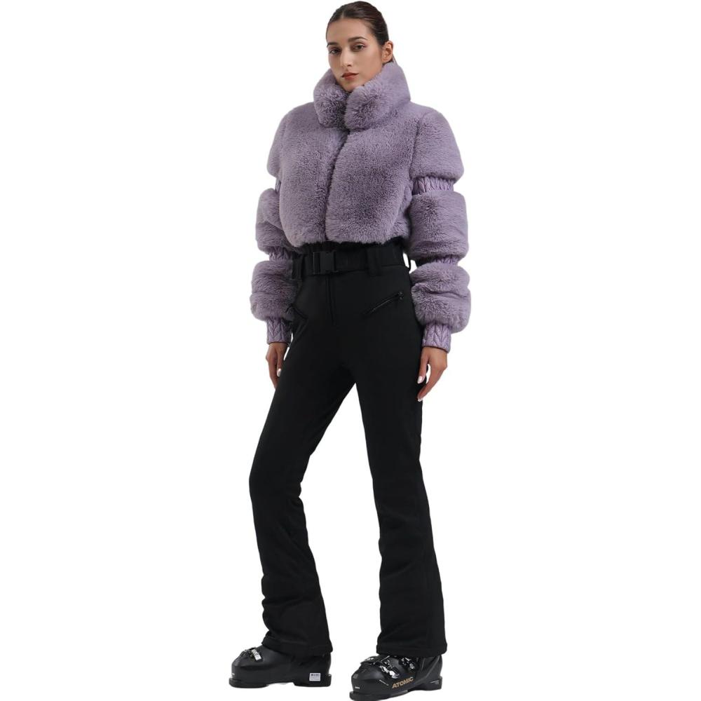 image:imageGSOU SNOW Women Ski Suit One Piece Snowsuit Snowboard Faux Fur Collar Slim Jumpsuit Jacket Insulated Windproof Outdoor WinterPurple Color