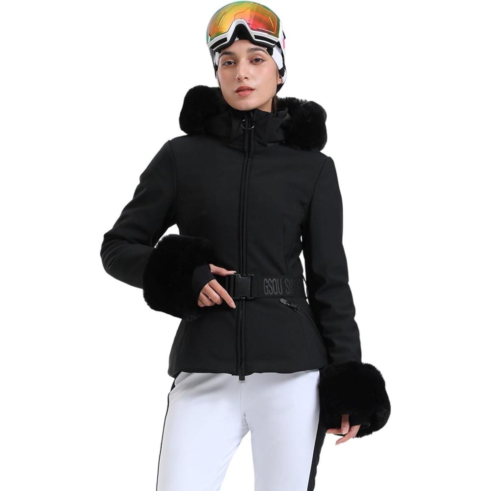 image:imageGSOU SNOW Womens Ski Jacket Snowboard Warm Winter Short Slim Snow Coat Jacket Mountain Windproof Waterproof Insulated HoodedBlack 1