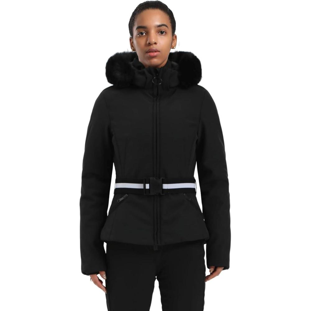 image:imageGSOU SNOW Womens Ski Jacket Snowboard Warm Winter Short Slim Snow Coat Jacket Mountain Windproof Waterproof Insulated HoodedBlack