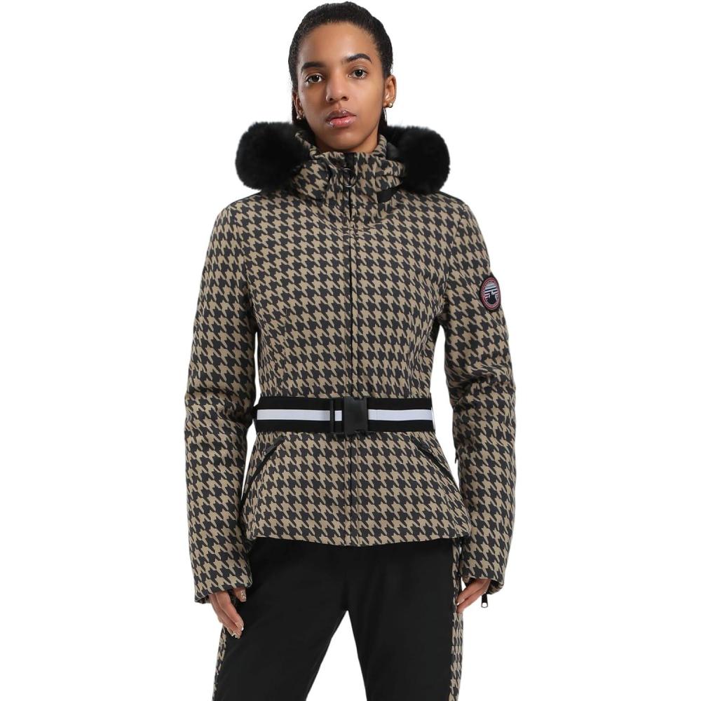 image:imageGSOU SNOW Womens Ski Jacket Snowboard Warm Winter Short Slim Snow Coat Jacket Mountain Windproof Waterproof Insulated HoodedBrown