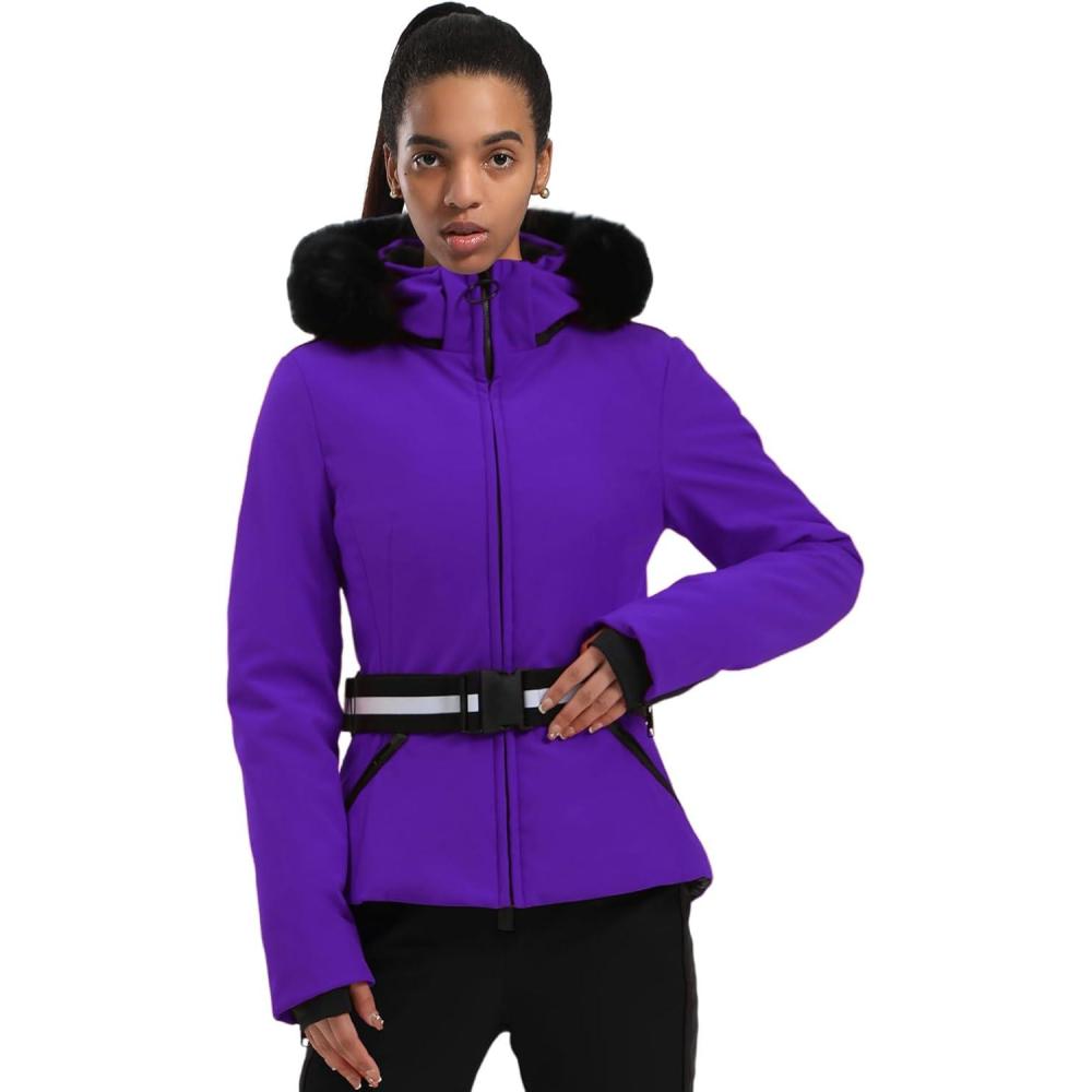 image:imageGSOU SNOW Womens Ski Jacket Snowboard Warm Winter Short Slim Snow Coat Jacket Mountain Windproof Waterproof Insulated HoodedDark Purple