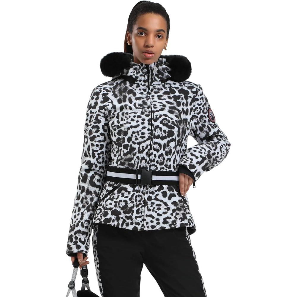 image:imageGSOU SNOW Womens Ski Jacket Snowboard Warm Winter Short Slim Snow Coat Jacket Mountain Windproof Waterproof Insulated HoodedLeopard White