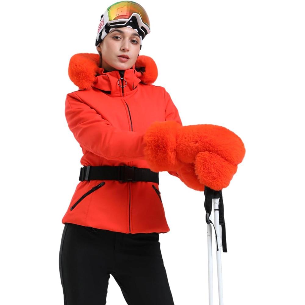 image:imageGSOU SNOW Womens Ski Jacket Snowboard Warm Winter Short Slim Snow Coat Jacket Mountain Windproof Waterproof Insulated HoodedOrange 1