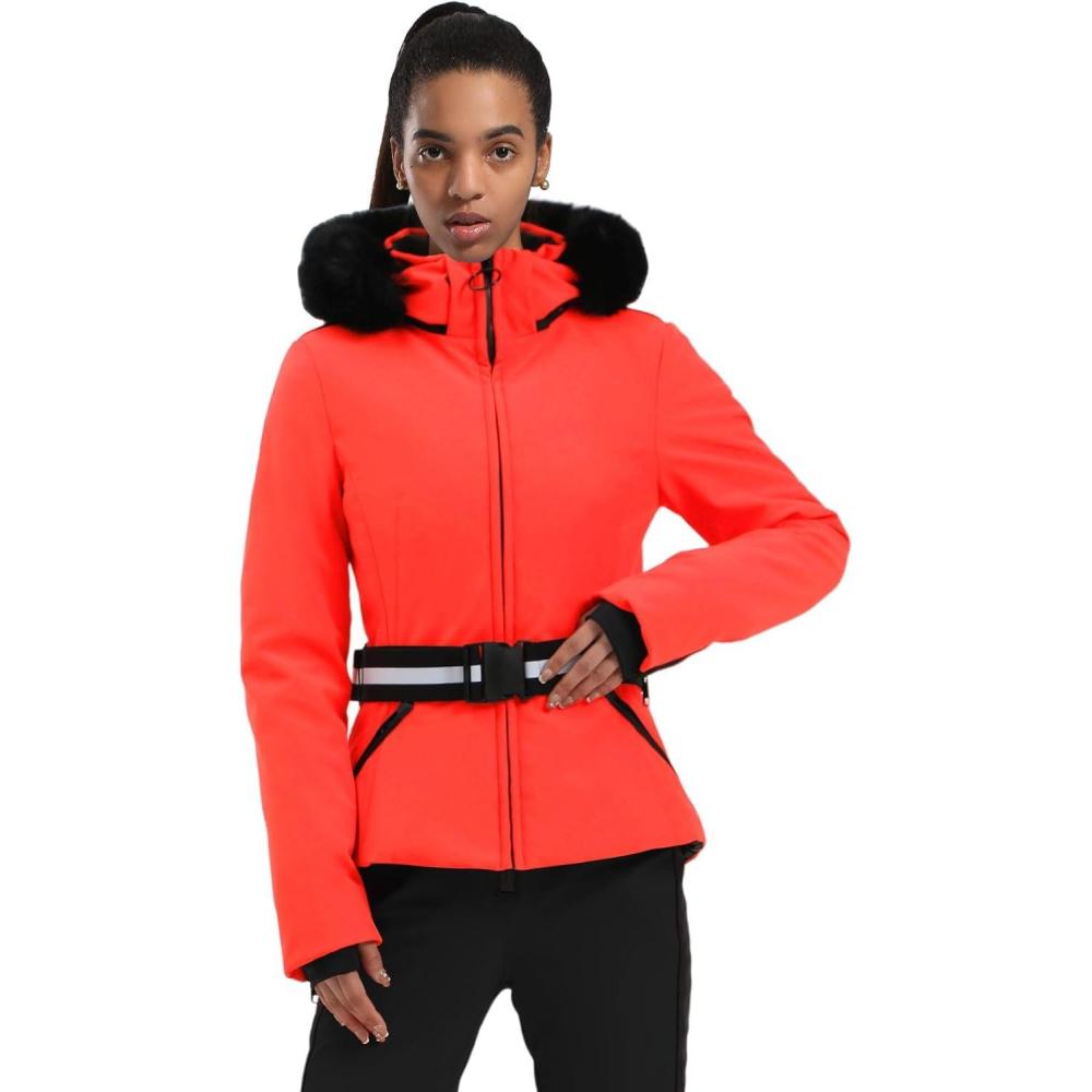 image:imageGSOU SNOW Womens Ski Jacket Snowboard Warm Winter Short Slim Snow Coat Jacket Mountain Windproof Waterproof Insulated HoodedOrange