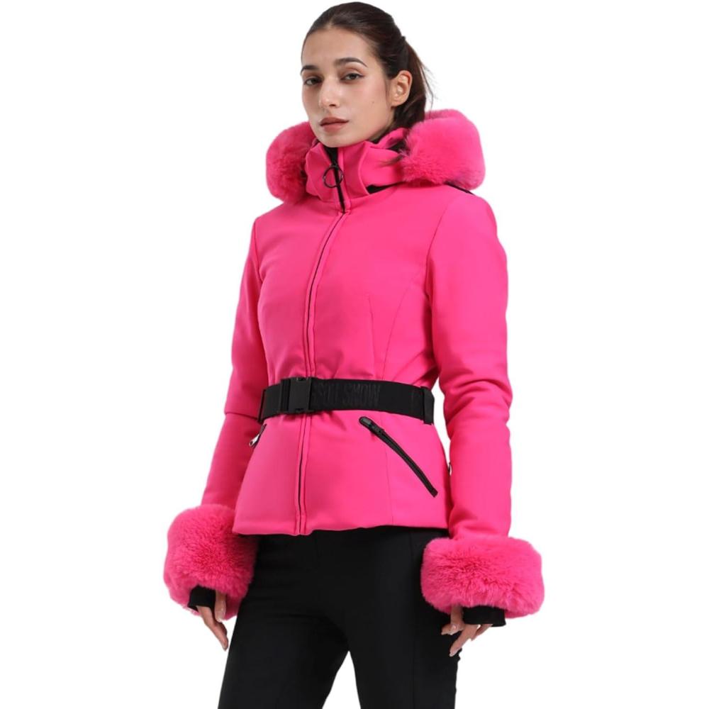 image:imageGSOU SNOW Womens Ski Jacket Snowboard Warm Winter Short Slim Snow Coat Jacket Mountain Windproof Waterproof Insulated HoodedRose