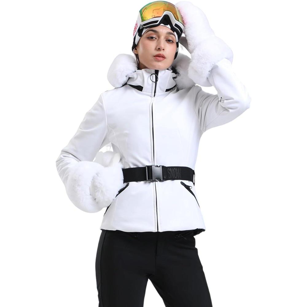 image:imageGSOU SNOW Womens Ski Jacket Snowboard Warm Winter Short Slim Snow Coat Jacket Mountain Windproof Waterproof Insulated HoodedWhite 1