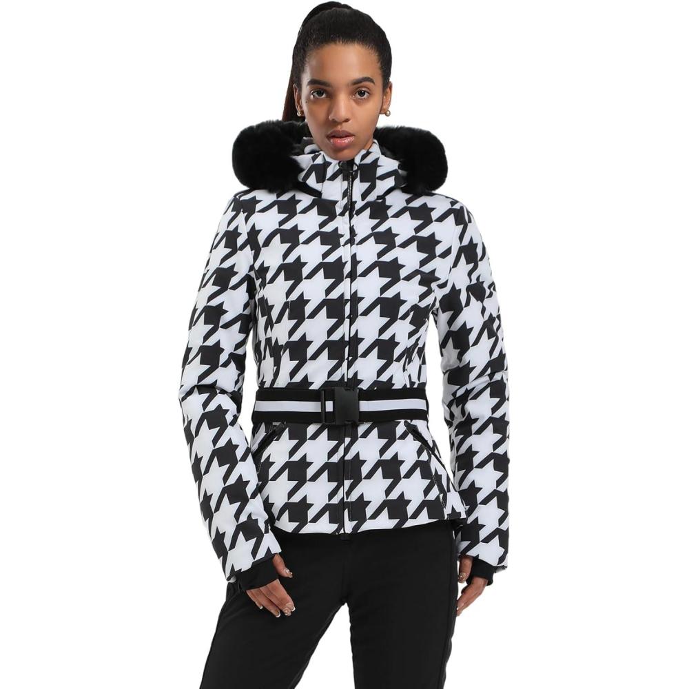image:imageGSOU SNOW Womens Ski Jacket Snowboard Warm Winter Short Slim Snow Coat Jacket Mountain Windproof Waterproof Insulated HoodedWhite