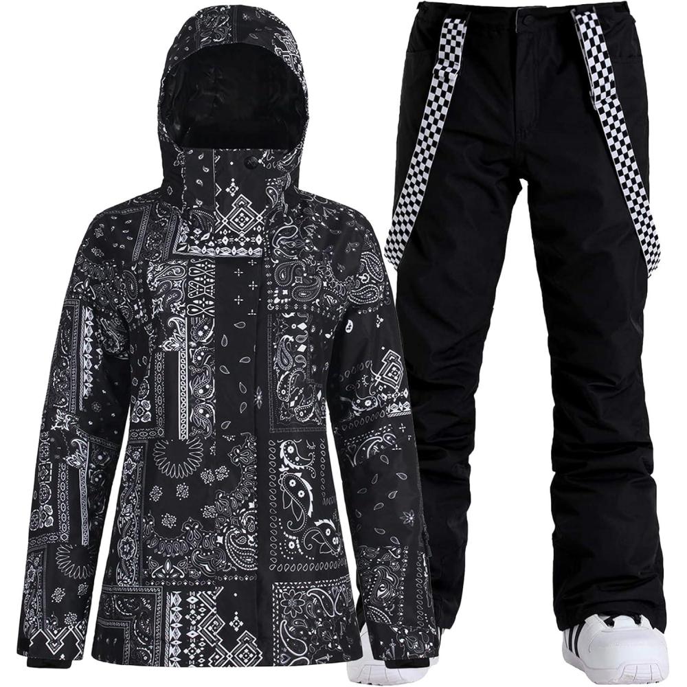 image:imageGSOU SNOW Womens Ski Jacket and Pants Waterproof Windproof Snowsuit Snowboarding Coat Insulated Warm WinterBlack Black