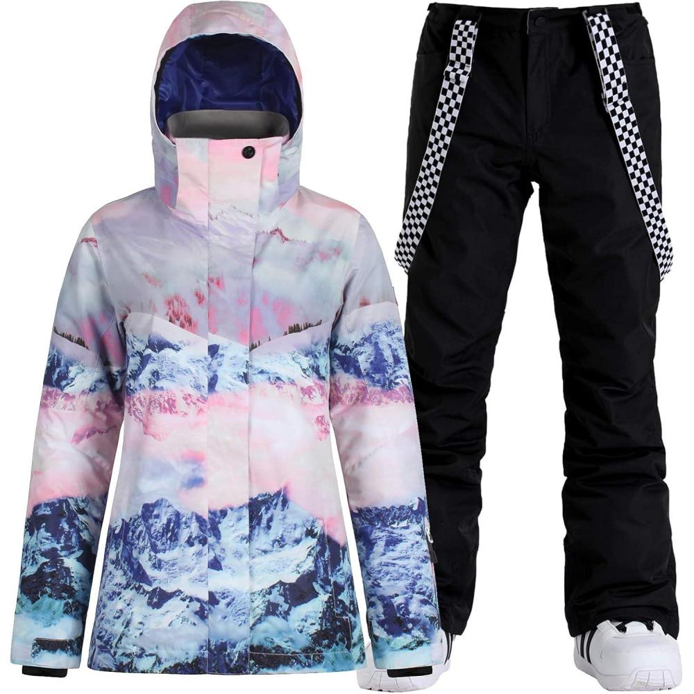 image:imageGSOU SNOW Womens Ski Jacket and Pants Waterproof Windproof Snowsuit Snowboarding Coat Insulated Warm WinterBlack Mountain
