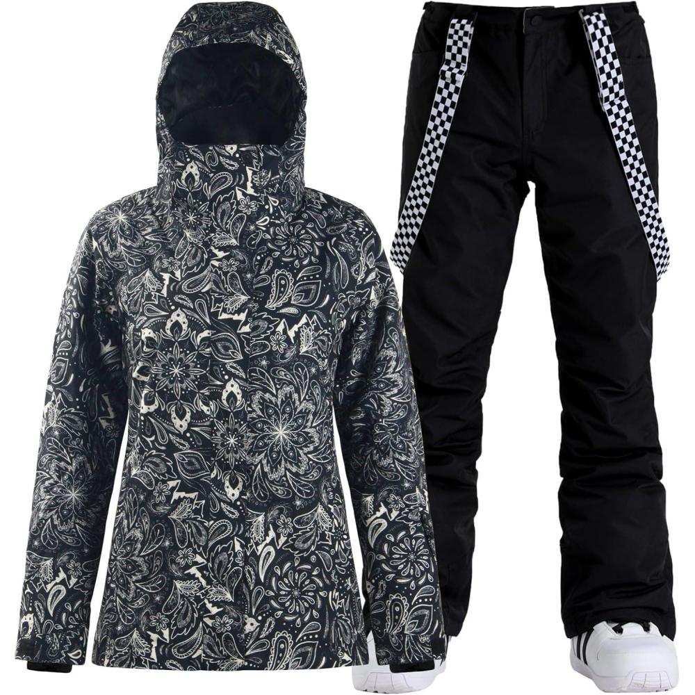 image:imageGSOU SNOW Womens Ski Jacket and Pants Waterproof Windproof Snowsuit Snowboarding Coat Insulated Warm WinterBlack White Flower