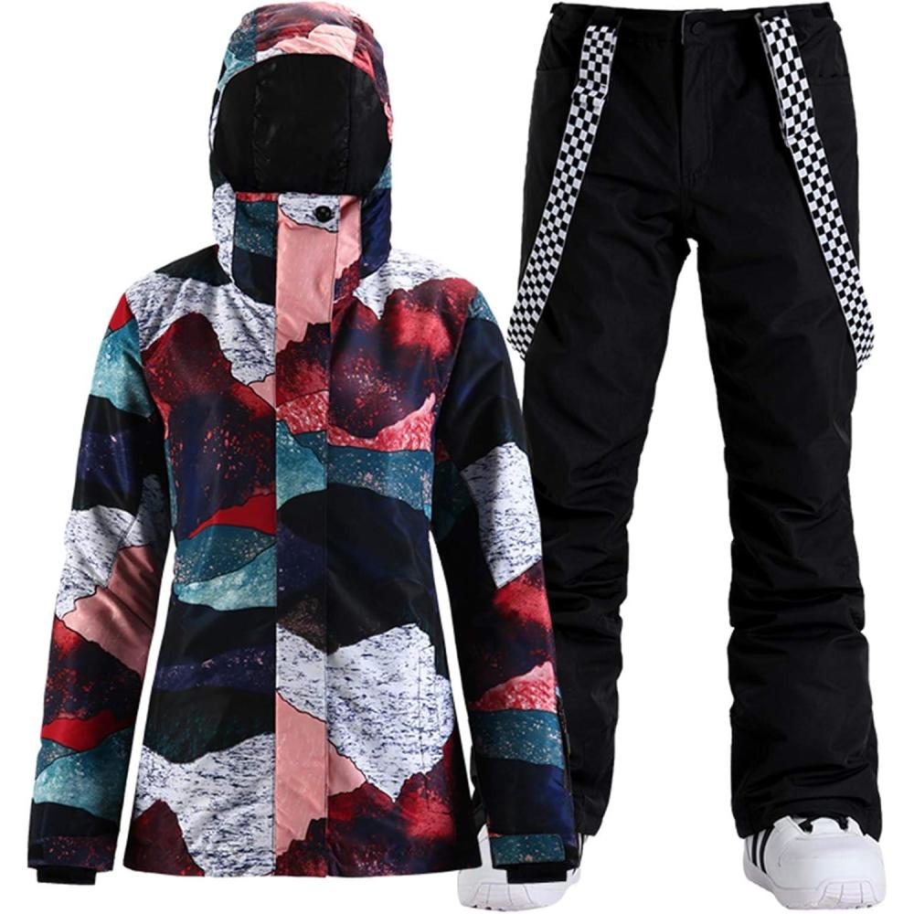 image:imageGSOU SNOW Womens Ski Jacket and Pants Waterproof Windproof Snowsuit Snowboarding Coat Insulated Warm WinterColor Spot Black