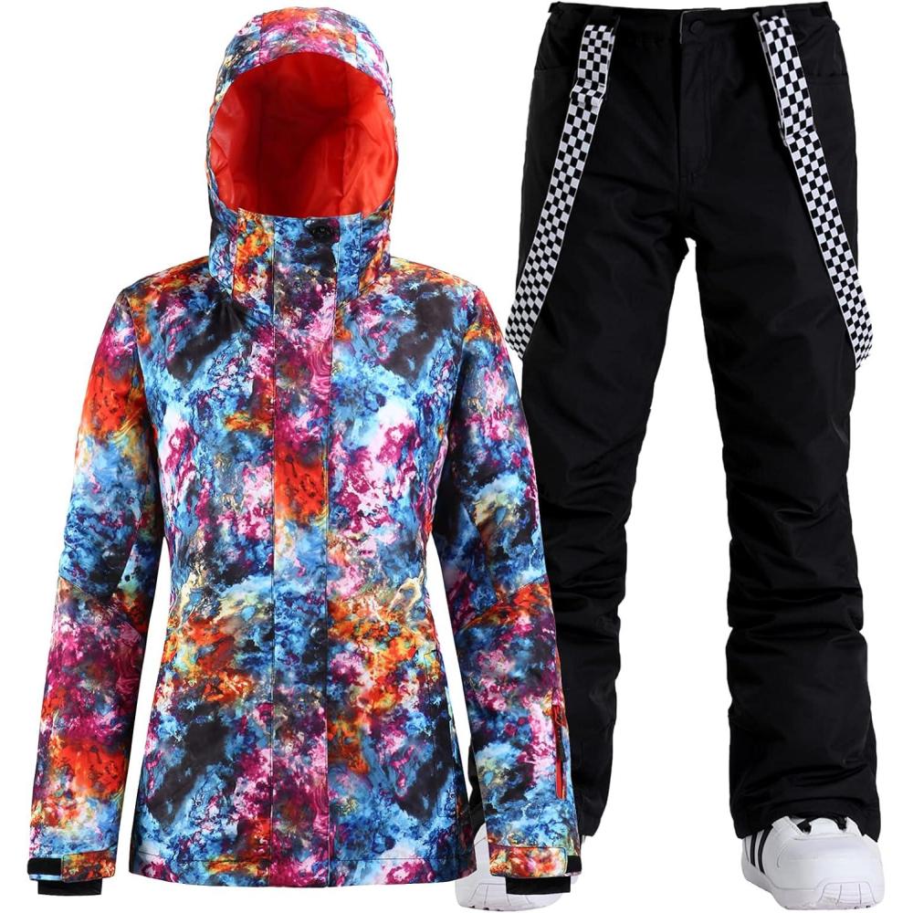 image:imageGSOU SNOW Womens Ski Jacket and Pants Waterproof Windproof Snowsuit Snowboarding Coat Insulated Warm WinterColorful Black