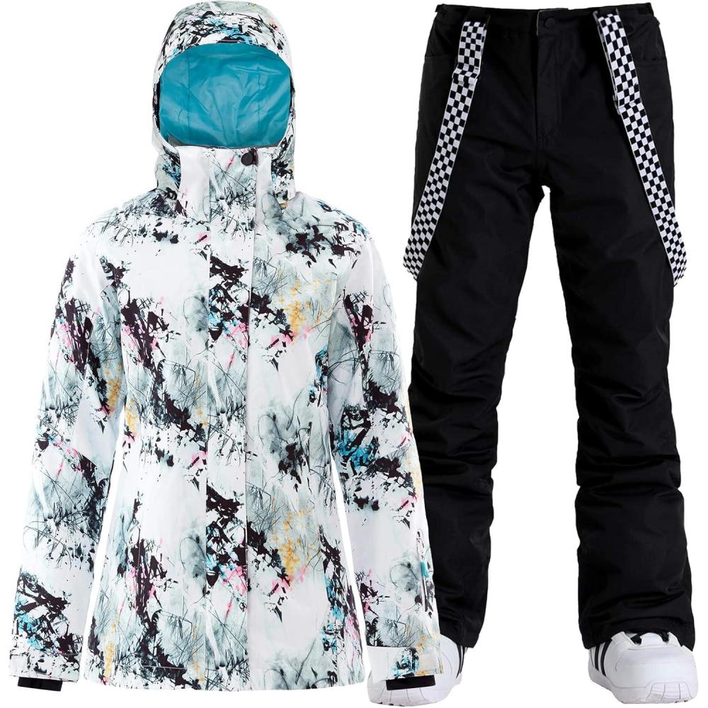 image:imageGSOU SNOW Womens Ski Jacket and Pants Waterproof Windproof Snowsuit Snowboarding Coat Insulated Warm WinterWhite Black