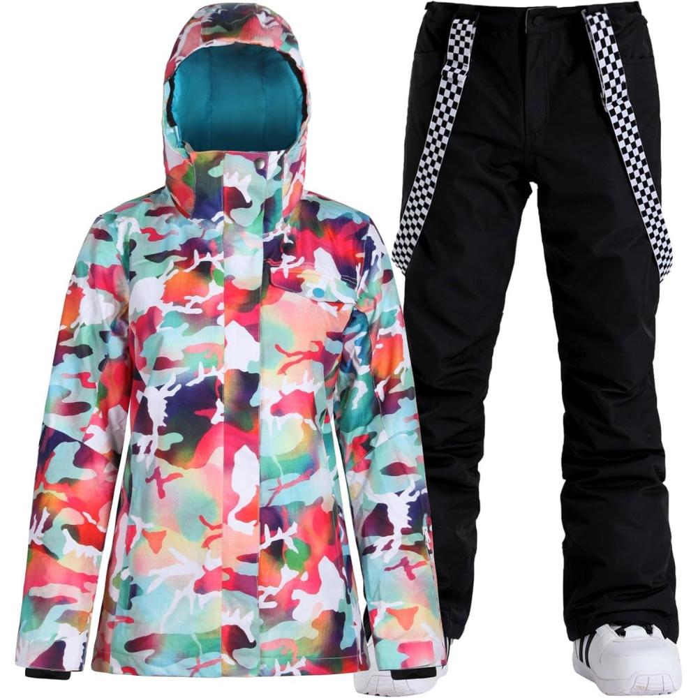 image:imageGSOU SNOW Womens Ski Jackets and Pants Set Snowboarding Snowsuit Snow Coat Hooded Waterproof WindproofBlack Camouflage