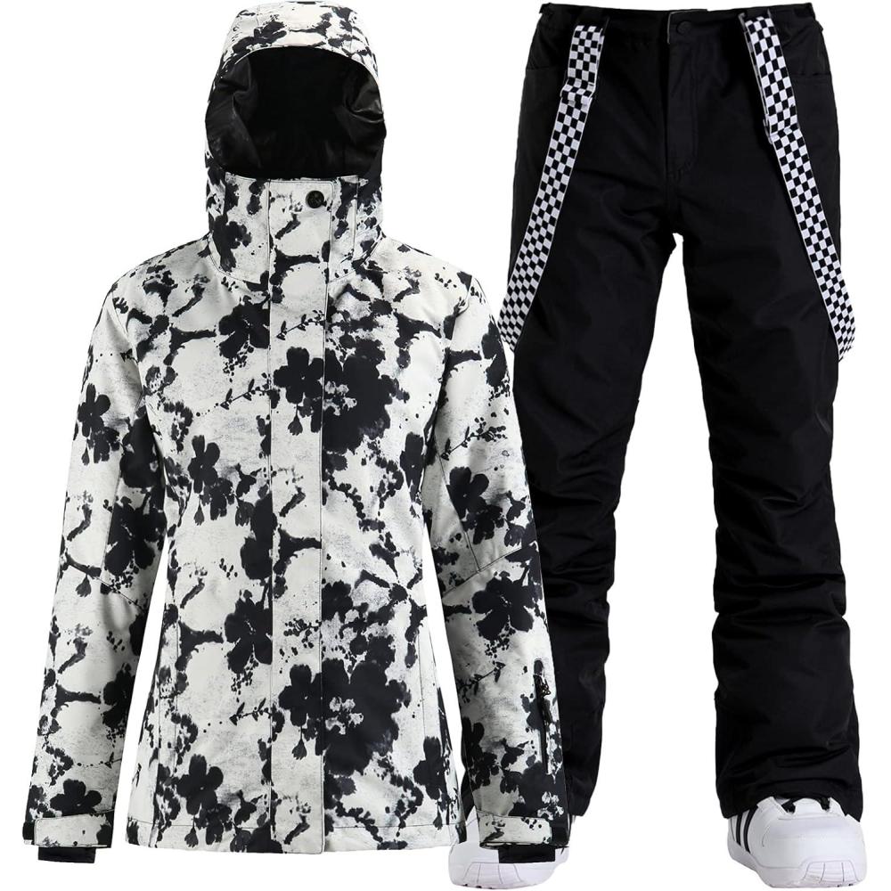 image:imageGSOU SNOW Womens Ski Jackets and Pants Set Snowboarding Snowsuit Snow Coat Hooded Waterproof WindproofBlack Flower White