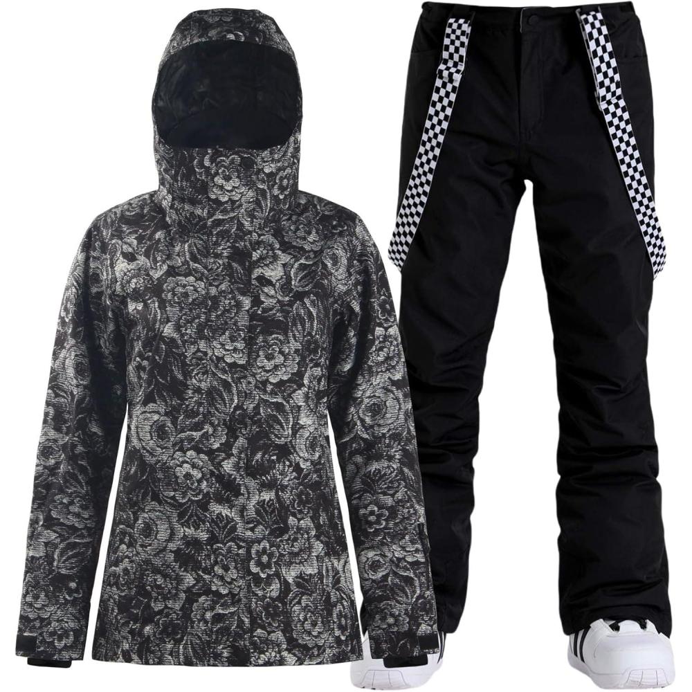 image:imageGSOU SNOW Womens Ski Jackets and Pants Set Snowboarding Snowsuit Snow Coat Hooded Waterproof WindproofBlack Flowers