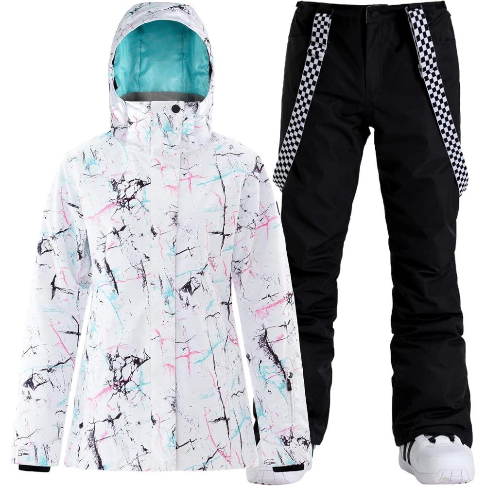 image:imageGSOU SNOW Womens Ski Jackets and Pants Set Snowboarding Snowsuit Snow Coat Hooded Waterproof WindproofBlack White 1