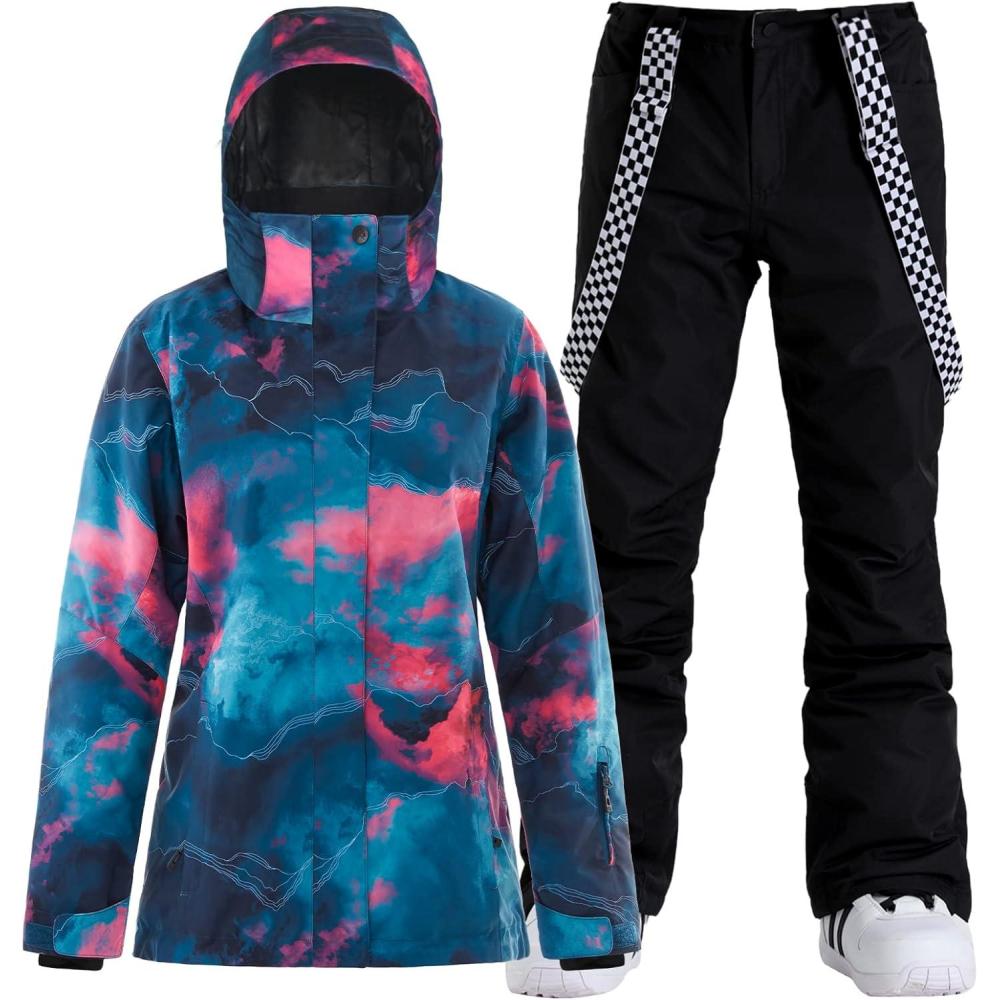 image:imageGSOU SNOW Womens Ski Jackets and Pants Set Snowboarding Snowsuit Snow Coat Hooded Waterproof WindproofBlue Black 1