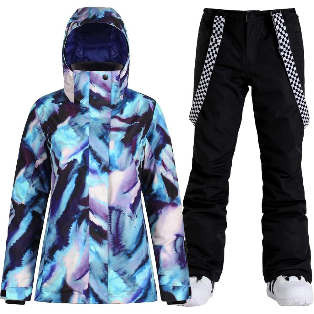 image:imageGSOU SNOW Womens Ski Jackets and Pants Set Snowboarding Snowsuit Snow Coat Hooded Waterproof WindproofBlue Black