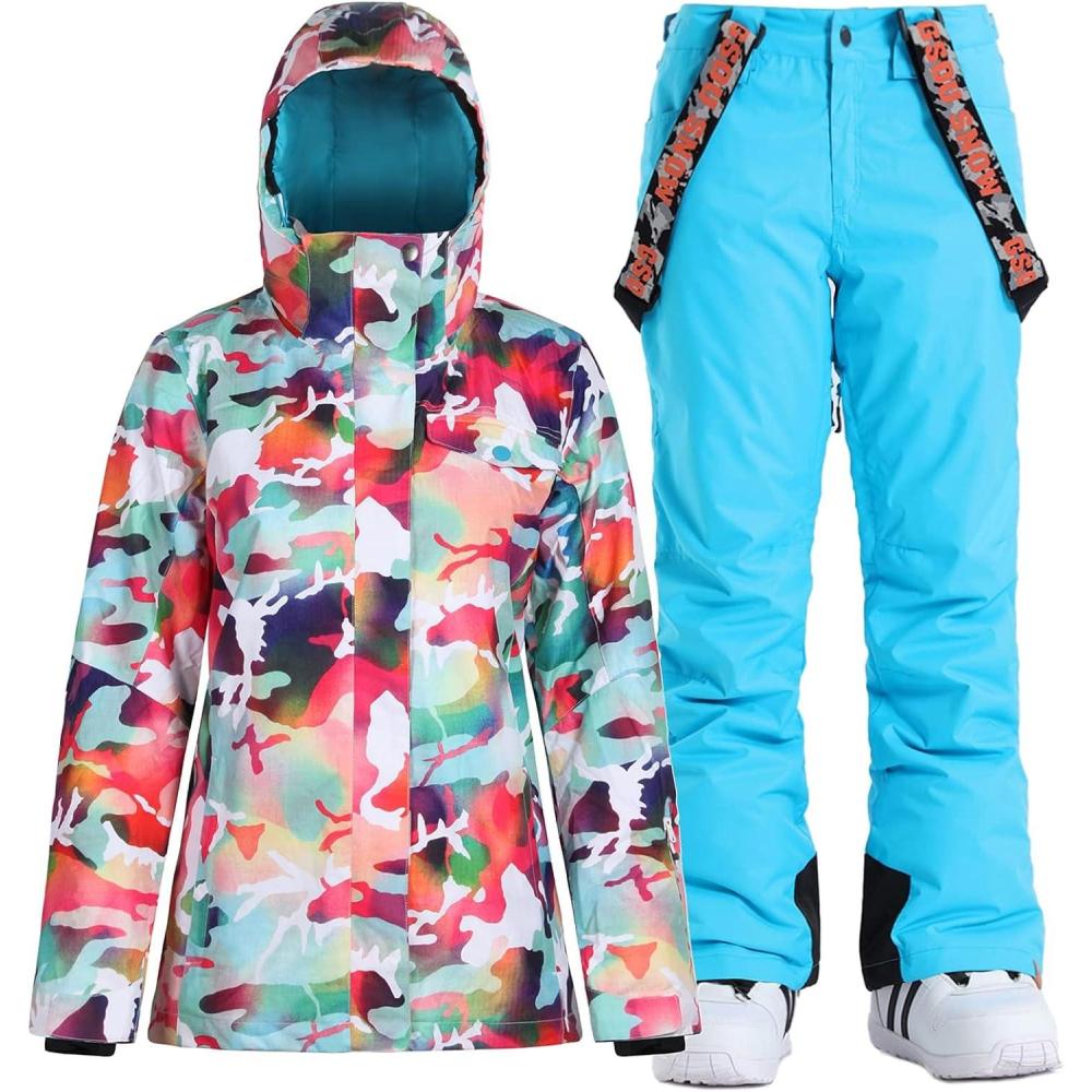 image:imageGSOU SNOW Womens Ski Jackets and Pants Set Snowboarding Snowsuit Snow Coat Hooded Waterproof WindproofBlue Camouflage