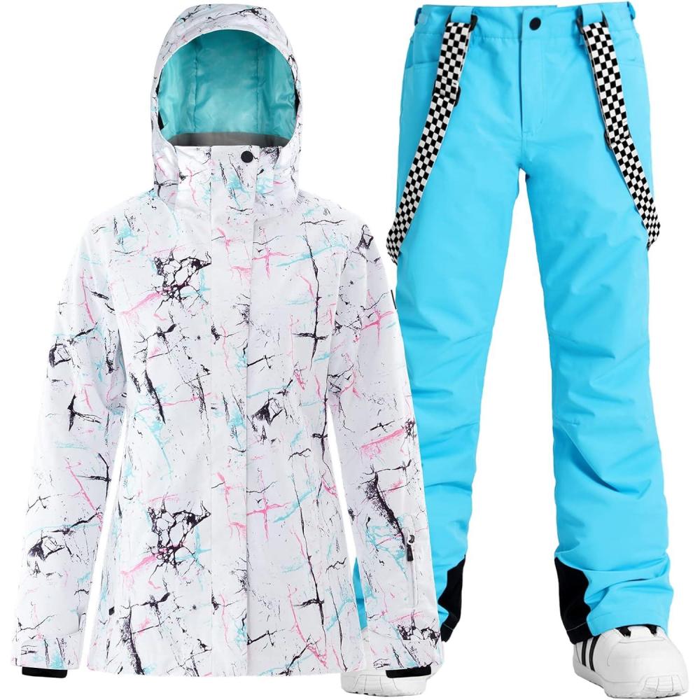 image:imageGSOU SNOW Womens Ski Jackets and Pants Set Snowboarding Snowsuit Snow Coat Hooded Waterproof WindproofBlue White 1