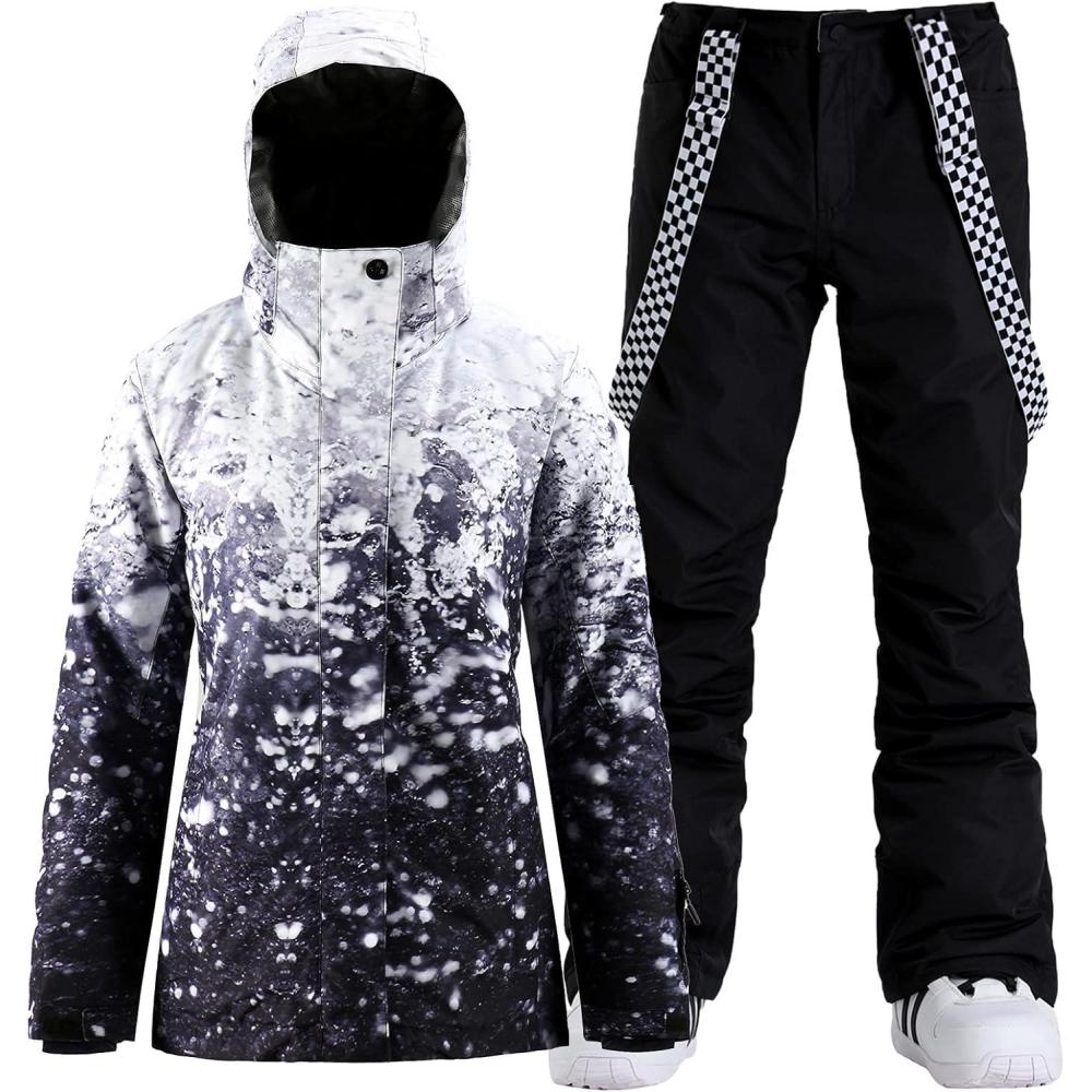 image:imageGSOU SNOW Womens Ski Jackets and Pants Set Snowboarding Snowsuit Snow Coat Hooded Waterproof WindproofDark Blue Black
