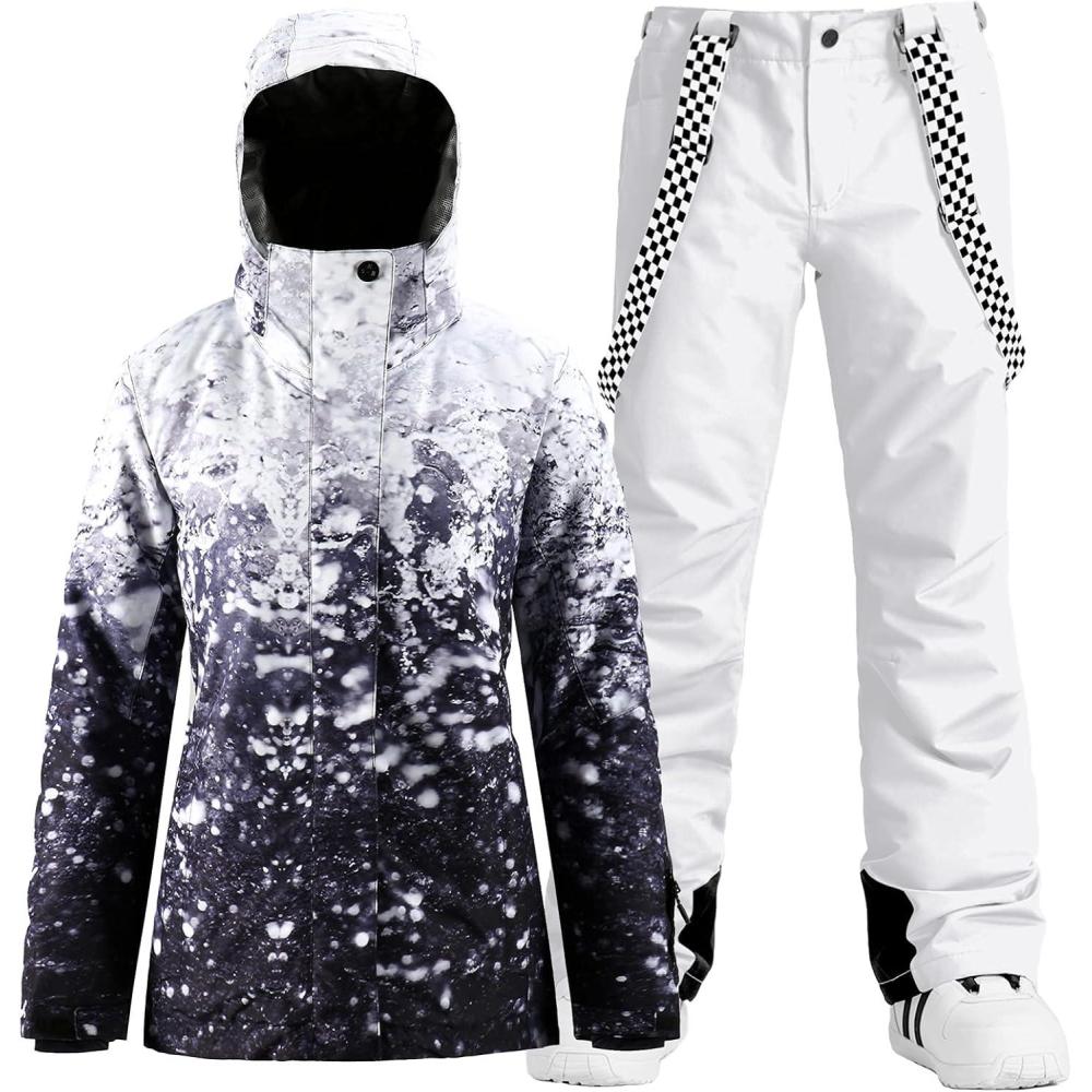 image:imageGSOU SNOW Womens Ski Jackets and Pants Set Snowboarding Snowsuit Snow Coat Hooded Waterproof WindproofDark Blue White