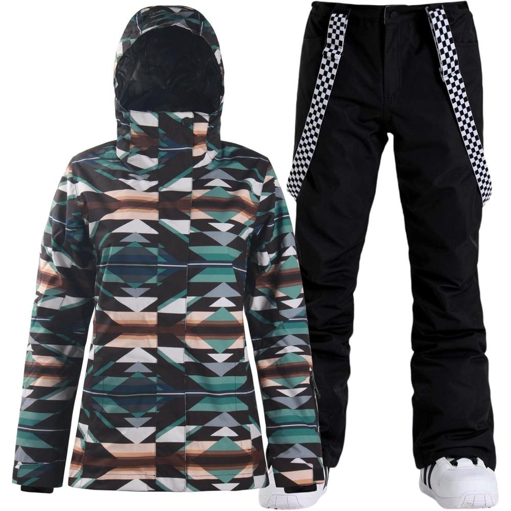 image:imageGSOU SNOW Womens Ski Jackets and Pants Set Snowboarding Snowsuit Snow Coat Hooded Waterproof WindproofGreen Black Rhombus