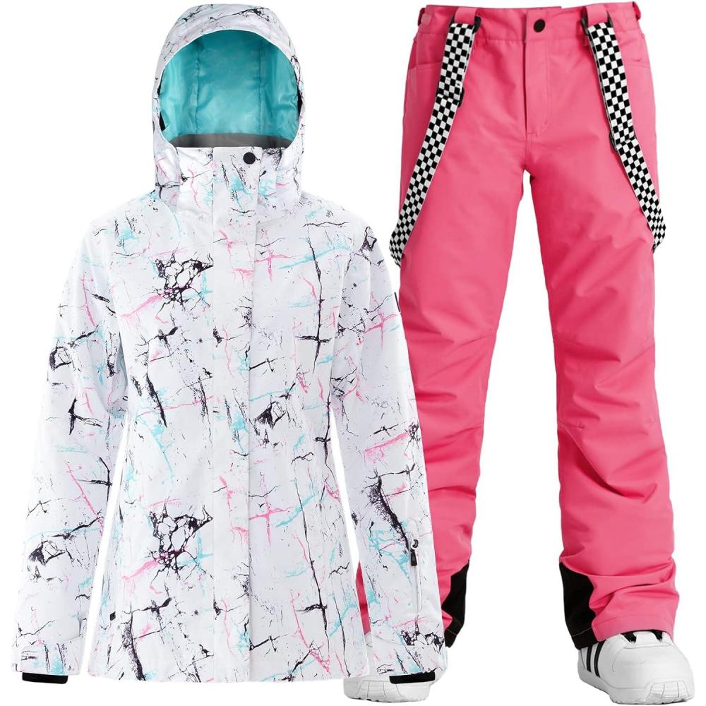 image:imageGSOU SNOW Womens Ski Jackets and Pants Set Snowboarding Snowsuit Snow Coat Hooded Waterproof WindproofPink White 1