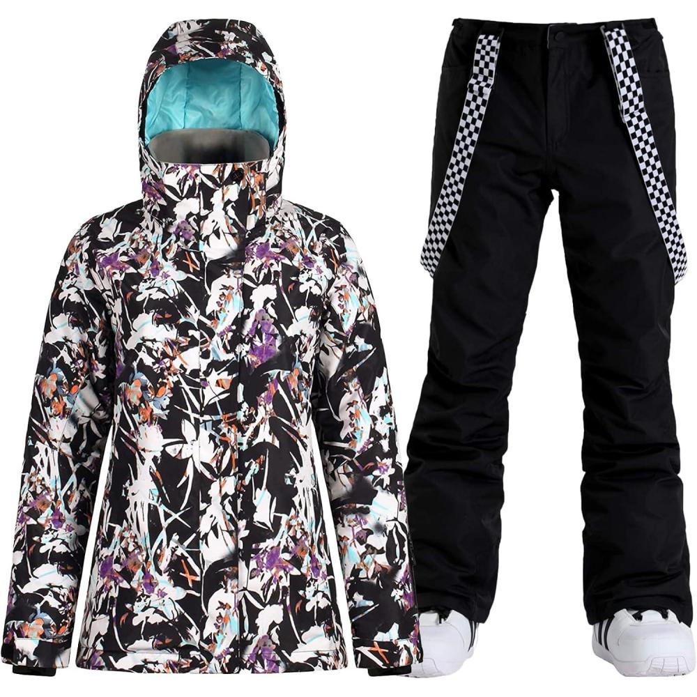image:imageGSOU SNOW Womens Ski Jackets and Pants Set Snowboarding Snowsuit Snow Coat Hooded Waterproof WindproofPurple Flower Black