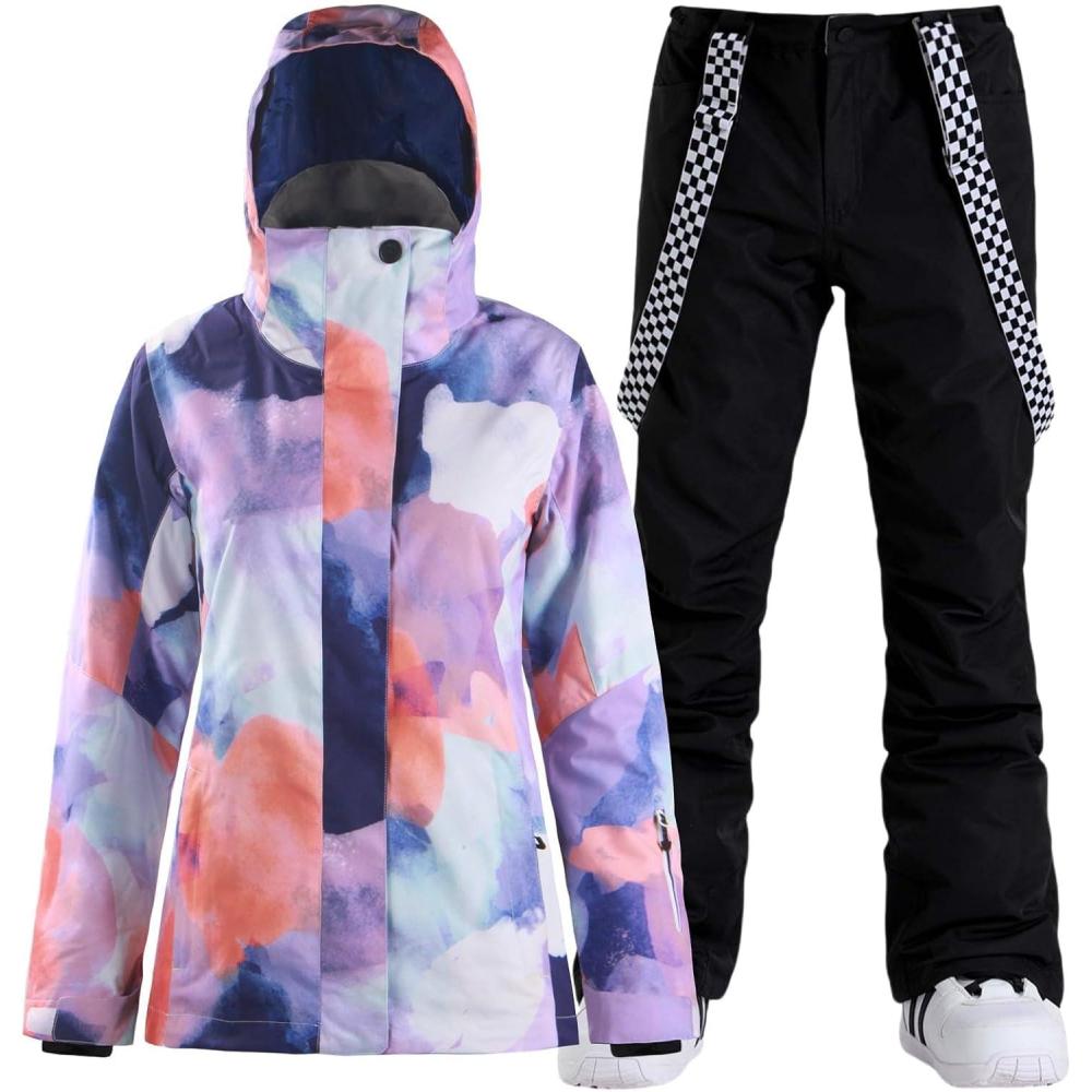 image:imageGSOU SNOW Womens Ski Jackets and Pants Set Snowboarding Snowsuit Snow Coat Hooded Waterproof WindproofPurple White Black