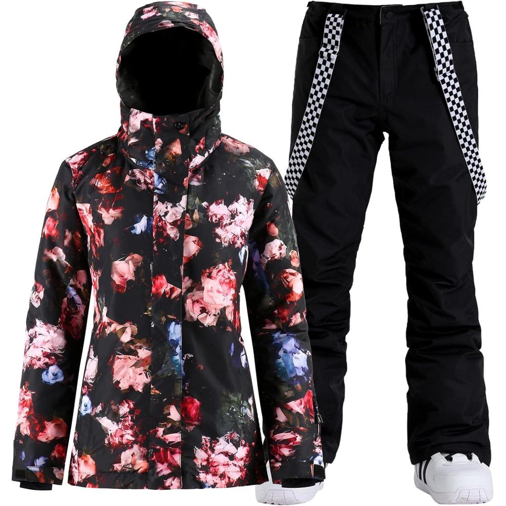 image:imageGSOU SNOW Womens Ski Jackets and Pants Set Snowboarding Snowsuit Snow Coat Hooded Waterproof WindproofRed Flower Black