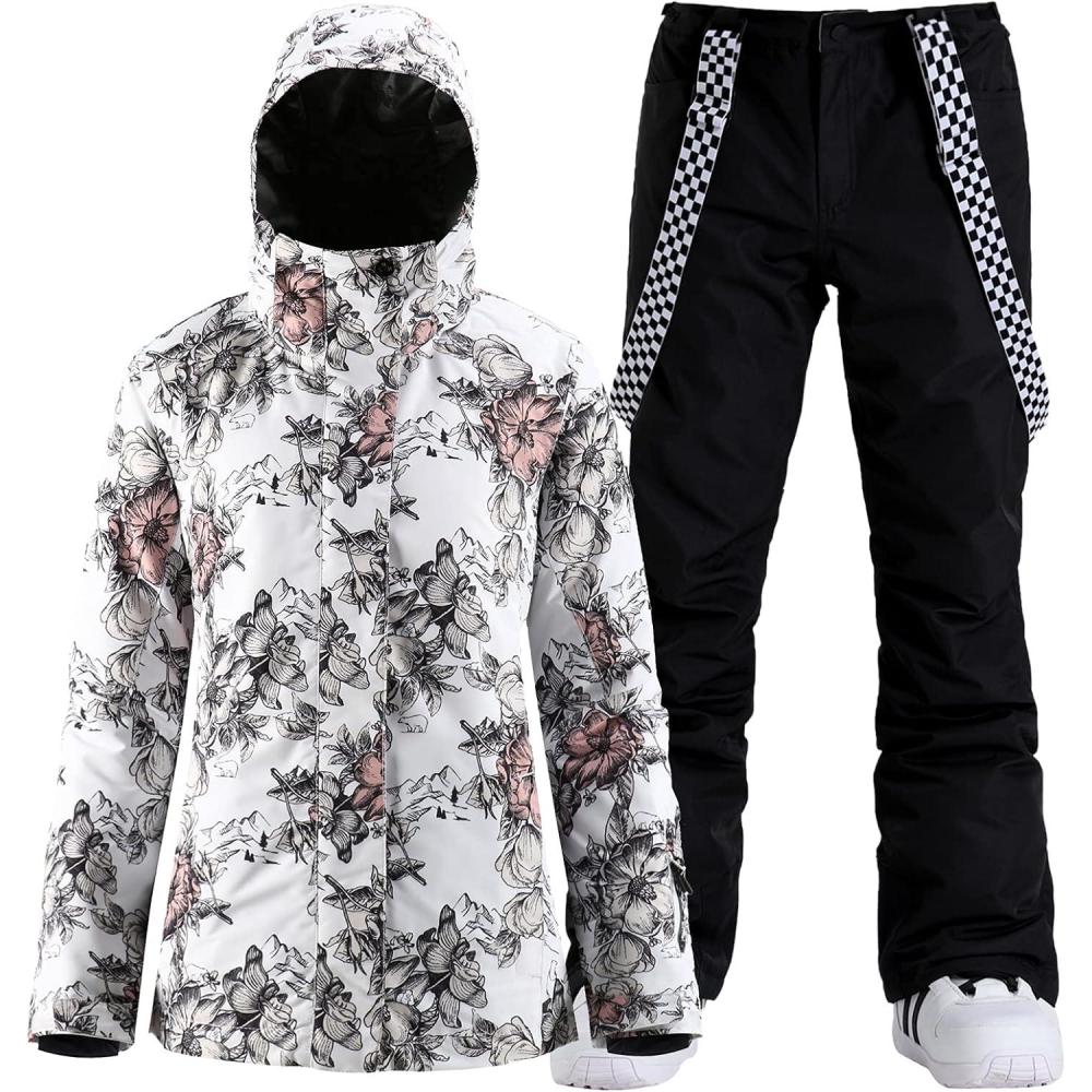 image:imageGSOU SNOW Womens Ski Jackets and Pants Set Snowboarding Snowsuit Snow Coat Hooded Waterproof WindproofWhite Flower Black