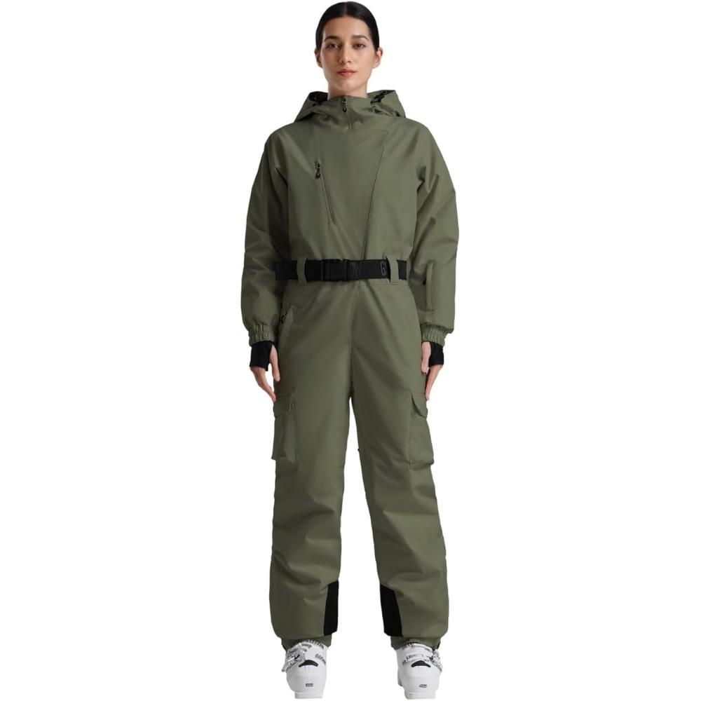 image:imageGSOU SNOW Womens Ski Suit One Piece Snow Suit Asymmetric Design Utility Jumpsuit Jacket Waterproof Insulated for Snow SportsArmy Green