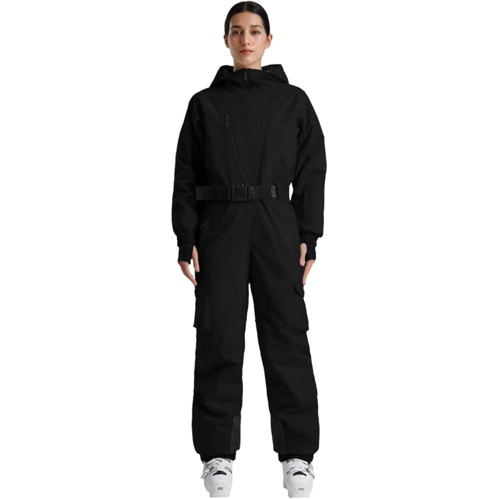 image:imageGSOU SNOW Womens Ski Suit One Piece Snow Suit Asymmetric Design Utility Jumpsuit Jacket Waterproof Insulated for Snow SportsBlack