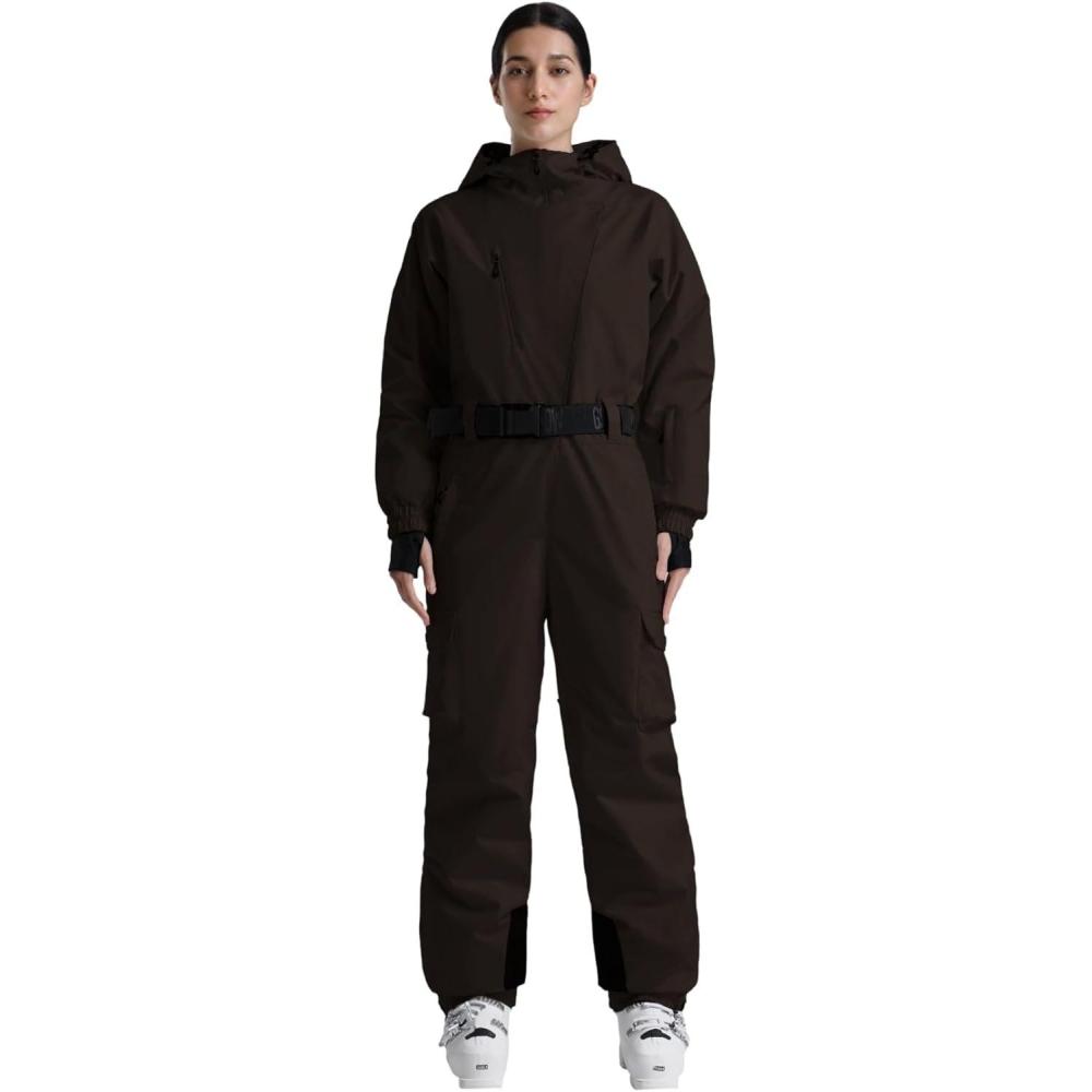 image:imageGSOU SNOW Womens Ski Suit One Piece Snow Suit Asymmetric Design Utility Jumpsuit Jacket Waterproof Insulated for Snow SportsDark Coffee