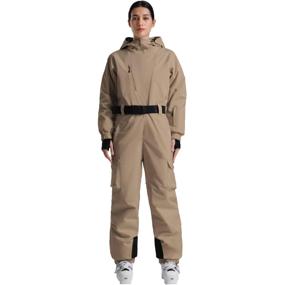 image:imageGSOU SNOW Womens Ski Suit One Piece Snow Suit Asymmetric Design Utility Jumpsuit Jacket Waterproof Insulated for Snow SportsKhaki