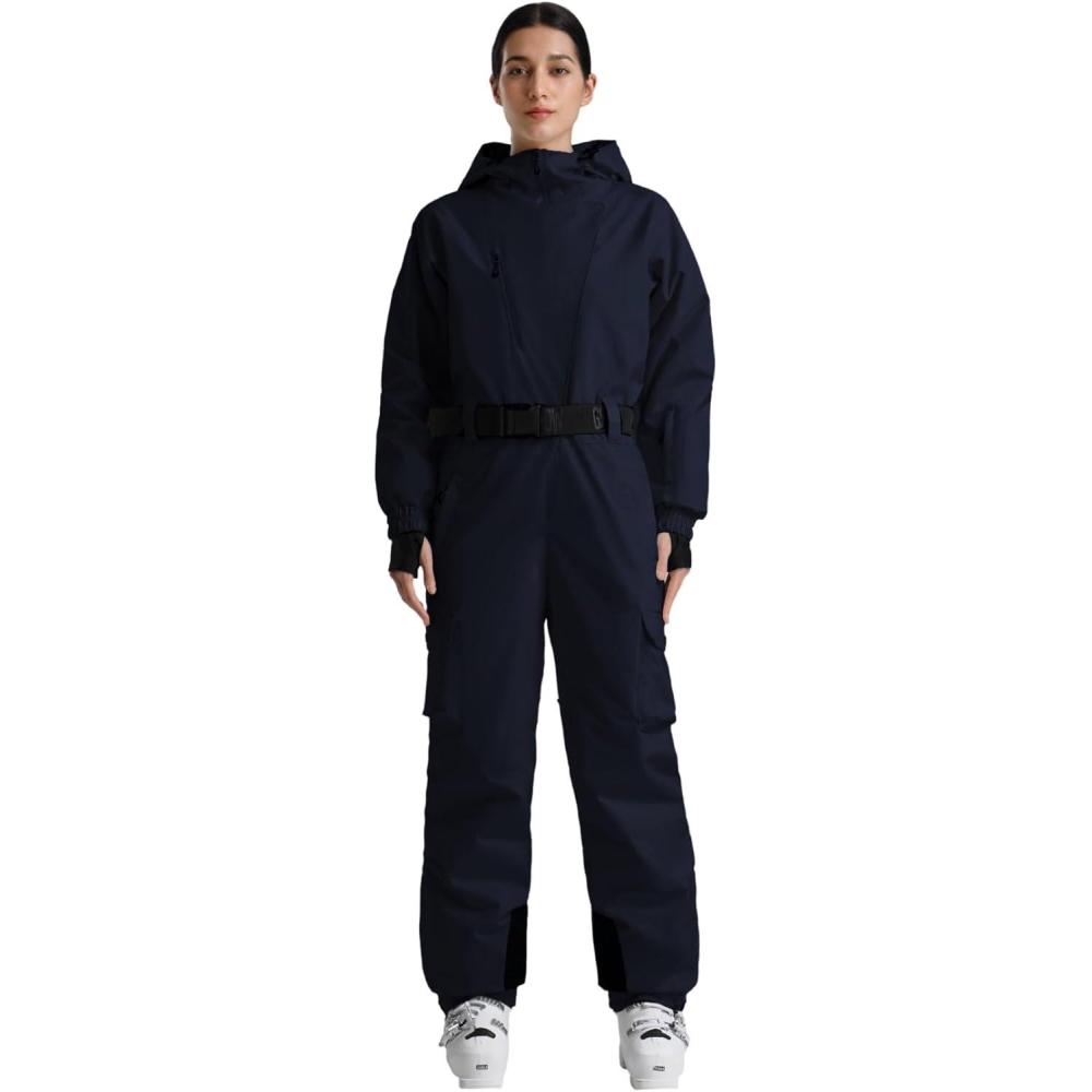 image:imageGSOU SNOW Womens Ski Suit One Piece Snow Suit Asymmetric Design Utility Jumpsuit Jacket Waterproof Insulated for Snow SportsNavy Blue