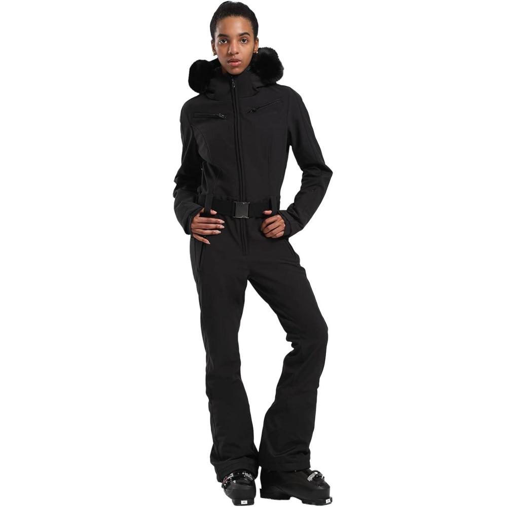 image:imageGSOU SNOW Womens Ski Suit One Piece Snowsuit Snowboard Slim Insulated Jumpsuit Jacket Waterproof Windproof for Outdoor SportsBlack