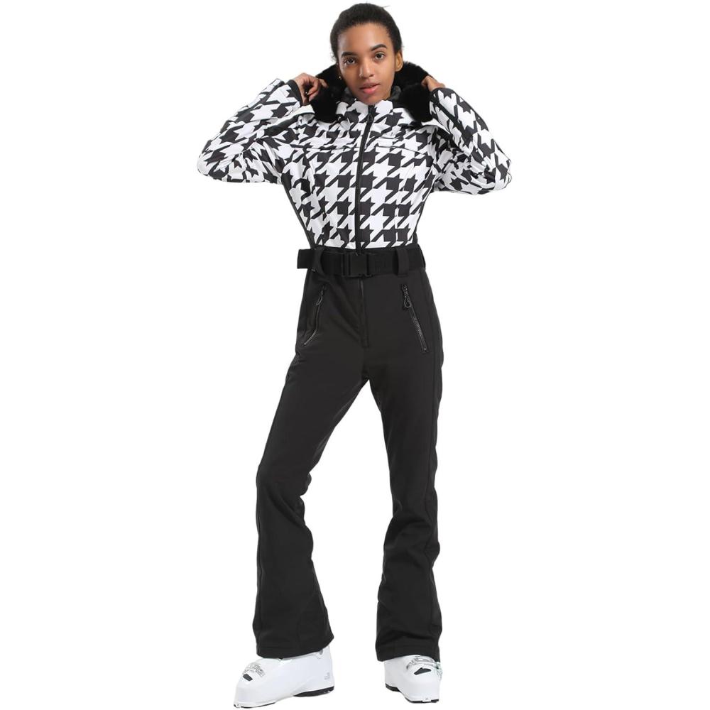 image:imageGSOU SNOW Womens Ski Suit One Piece Snowsuit Snowboard Slim Insulated Jumpsuit Jacket Waterproof Windproof for Outdoor SportsBlack White